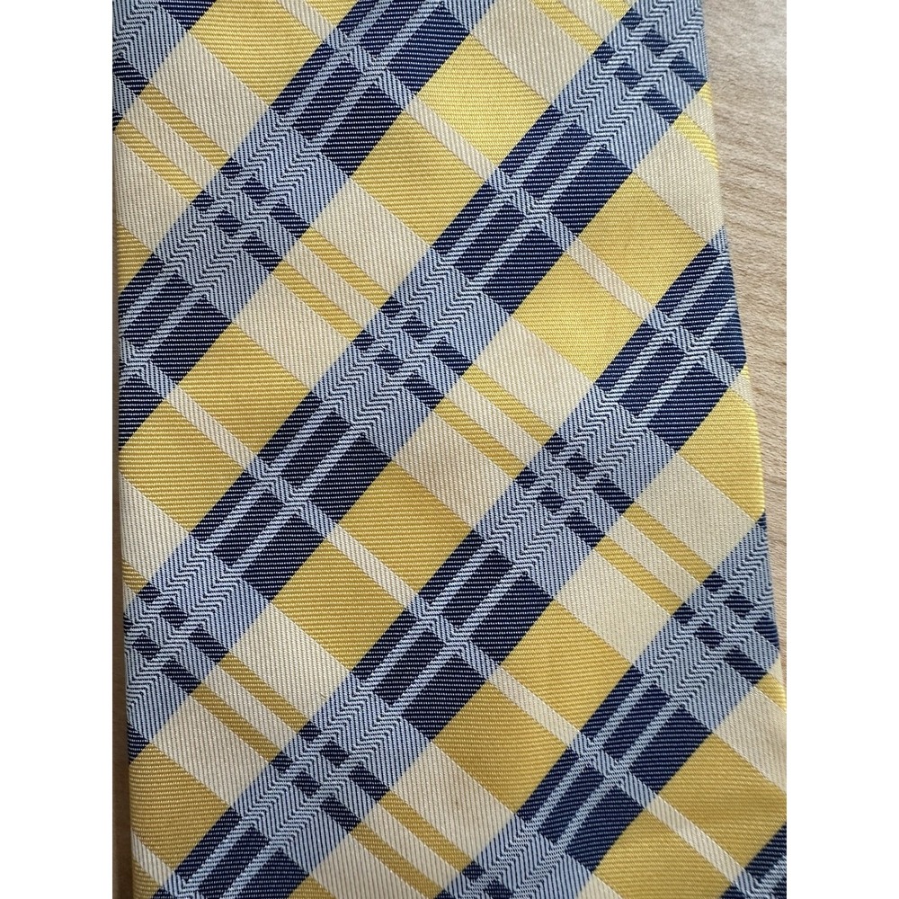 Ermenegildo Zegna Men's Silk Tie Yellow Gray White Plaid Made In Italy